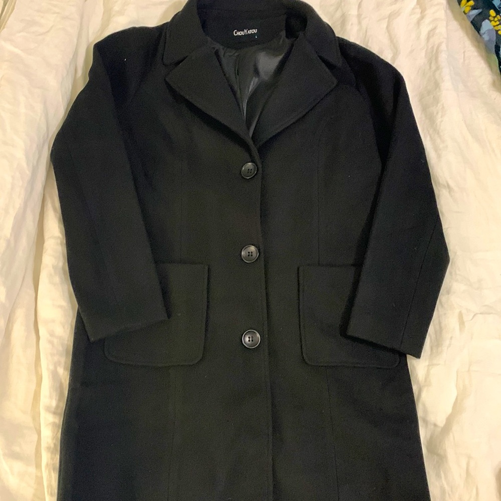 Chou Yatou Black Long Peacoat Trench. Size Large
